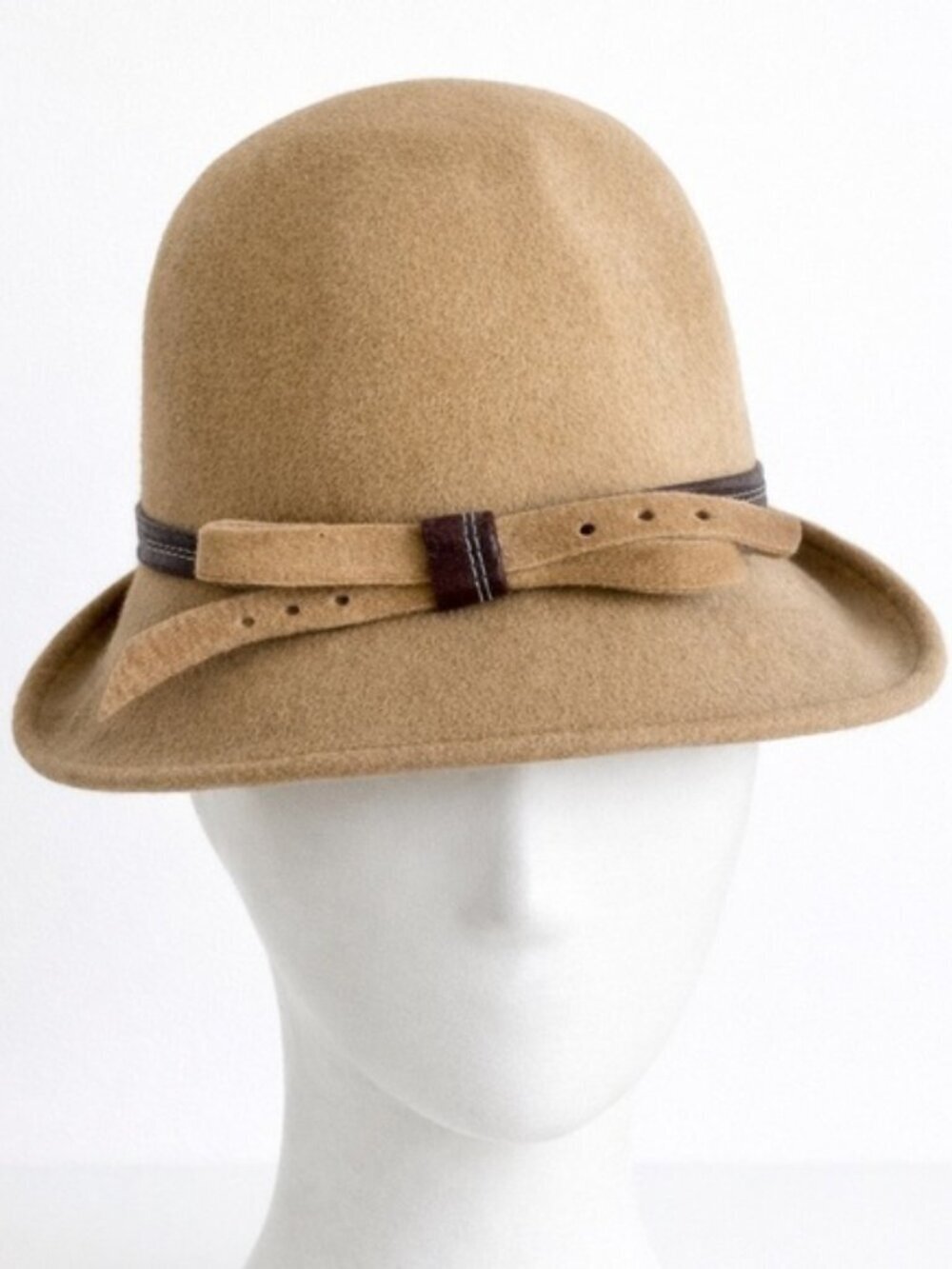 Vintage 70s Camel Wool Felt Bucket Hat Leather Band Womens One Size
